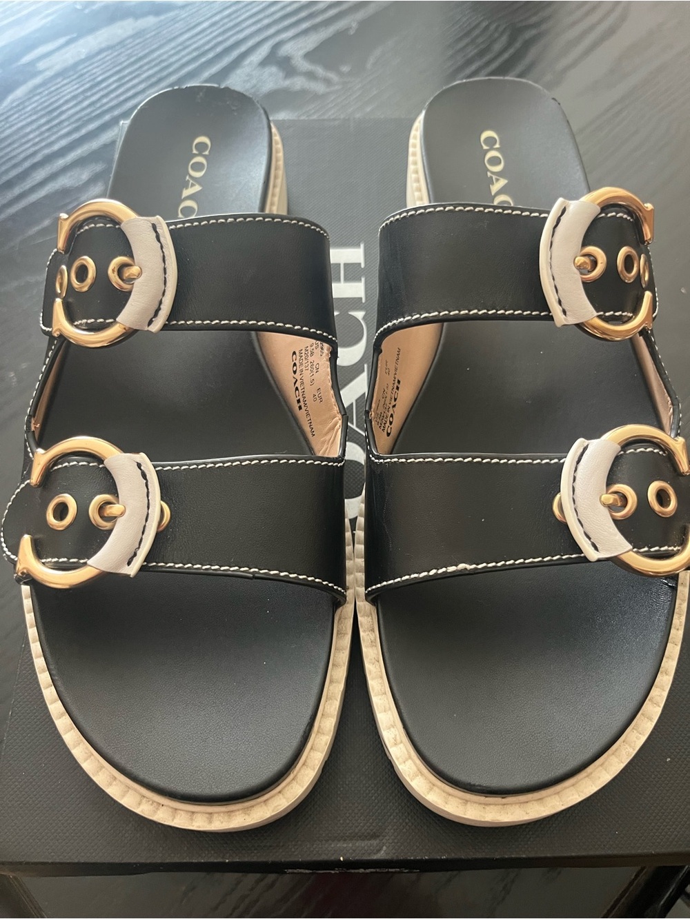 Coach Black Leather Double-Buckle Slide Sandals with Gold Hardware